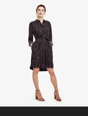 Ann Taylor Stitched Stripe Shirt Dress Black with White Dot Print